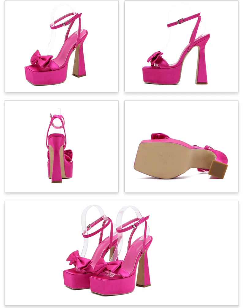 Liyke Runway Style Ultra High Heels Platform Sandals Women 2026 Summer Fashion Satin Bowknot Square Toe Wedding Banquet Shoes