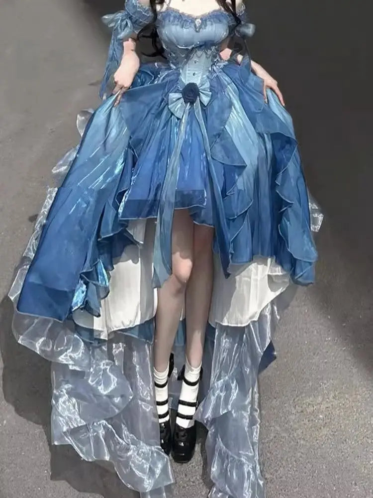 Dophee Flower Wedding Dress Lolita Purple Trailing Princess Dress Sexy Off Shoulder Short Sleeve Graduation Long Puffy Dresses
