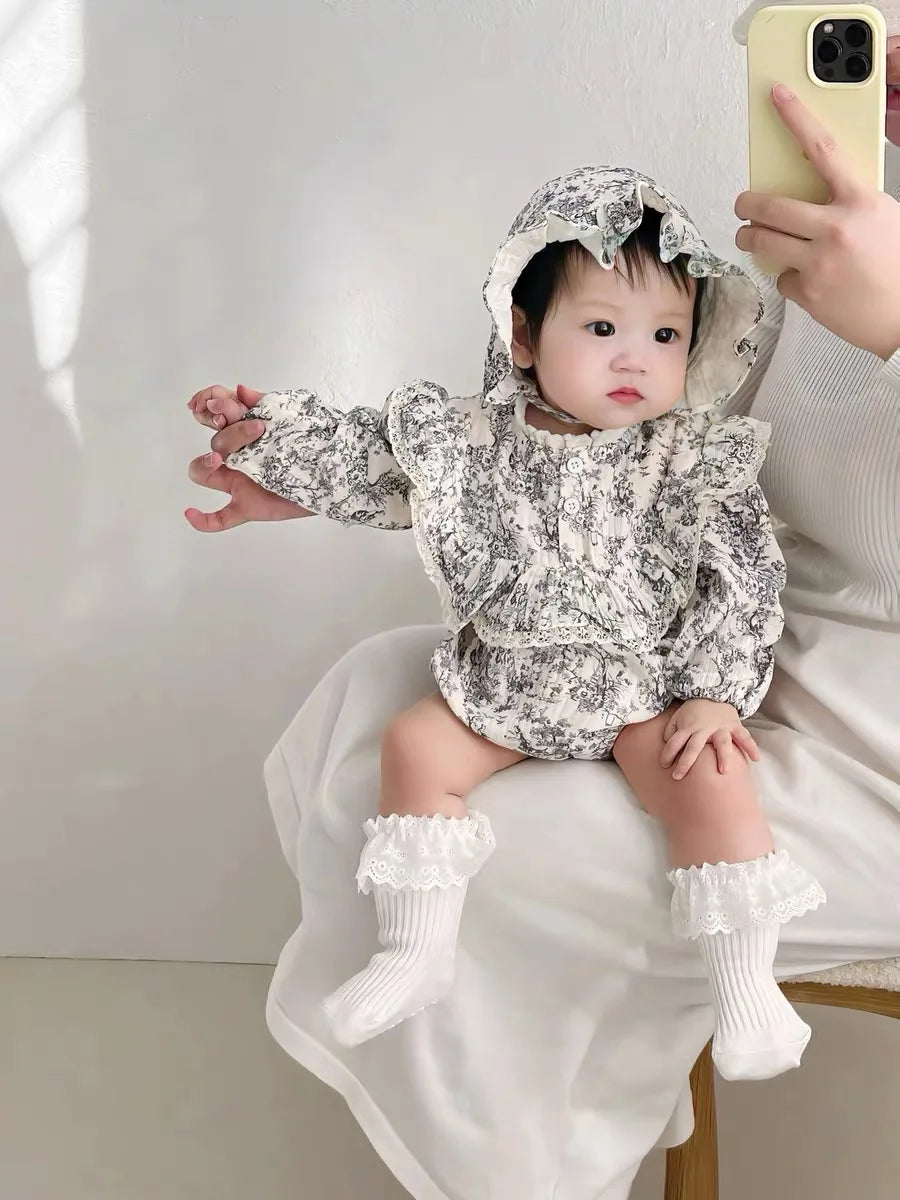 Newborn Romper Chinese Style Ink Painting Newborn Baby Girl Bodysuits +Hat Cotton Girls Jumpsuits Infants Onesie Outfits Clothes