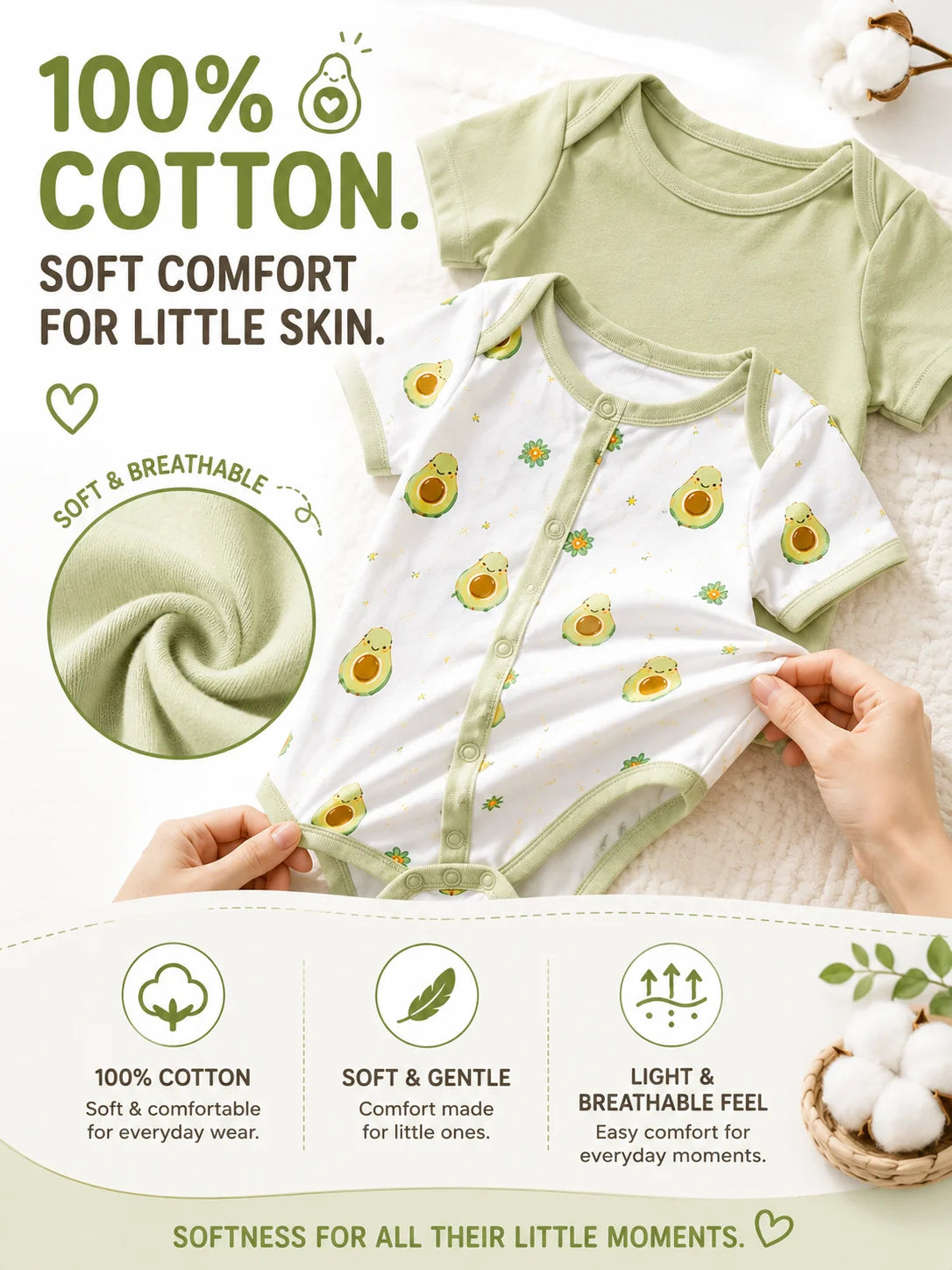 8Pcs Newborn Baby Clothes Set 100% Cotton Avocado Print Bodysuit Romper Cardigan Pants Bib Hat Mittens Infant Outfit 0-6M