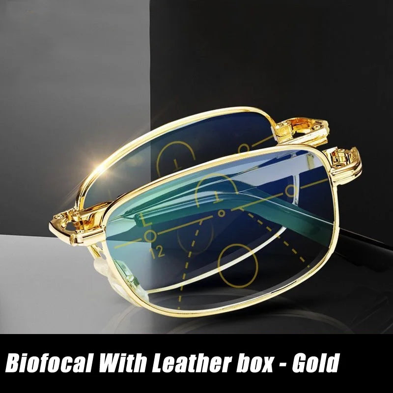Folding Reading Glasses Portable Progressive Biofocal Eyewear Mens Parent Anti-Blue Ray Presbyopic Eyeglasses with Leather Case