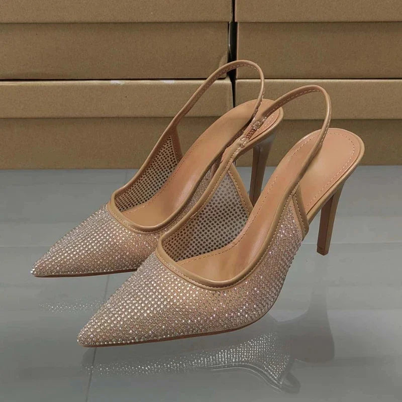 Luxury Designer Rhinestone Heeled Sandals Women Sexy Pointed Toe Mesh Breathable Thin High Heels Elegant Party Dress Pumps Shoes
