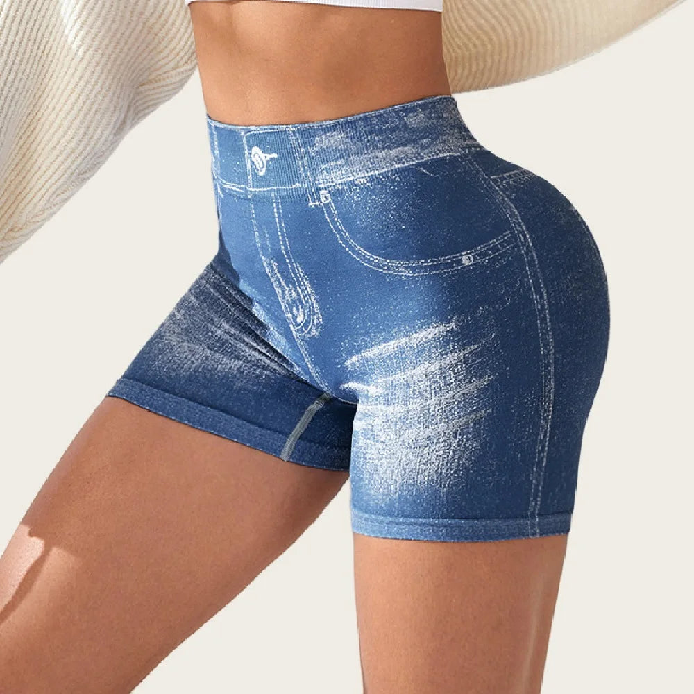 High Waist Women's Sports Shorts Hip Lifting and Body Shaping Faux Denim Jeans Stretch Short Leggings