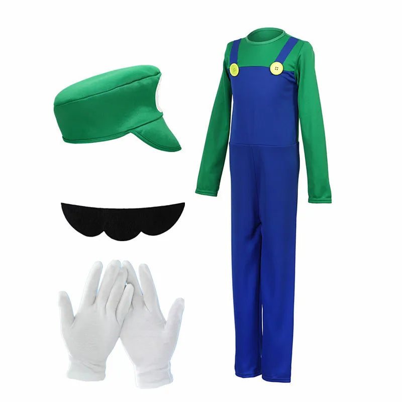 Halloween Men's Plumber Jumpsuit Roleplay Costume (Includes Hat, Gloves, Mustache Accessories) Available in Red, Yellow, Purple