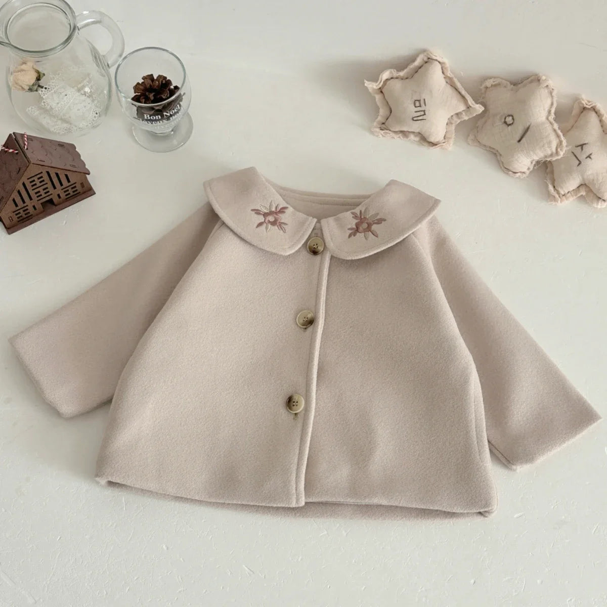 2026 Autumn Winter Baby Woolen Fabric Outerwear Sun Embroidery Collar Warm Coat for Infant Toddler Daily Jacket