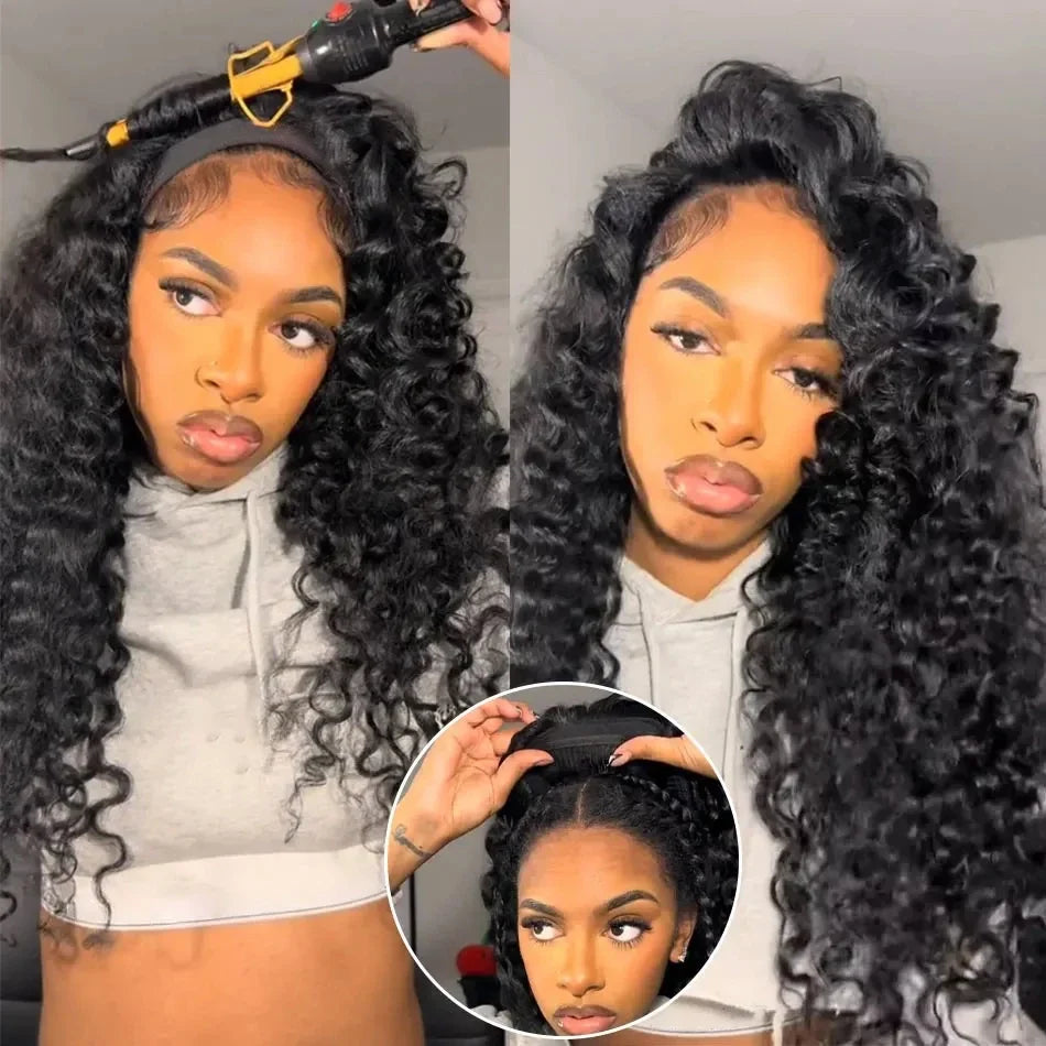 Deep Wave 3 In 1 Half Wig 100% Human Hair Glueless Curly Wigs Ready to Wear Seamless Flip Over Half Wig With Drawstring Clip Ins