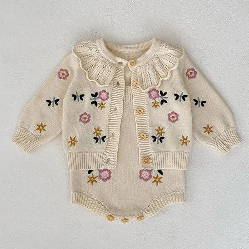Autumn Winter Newborn Baby Girls Knitting Clothing Set Floral Embroidery Cardigan+Jumpsuit Infant Baby Knitted Clothes Suit