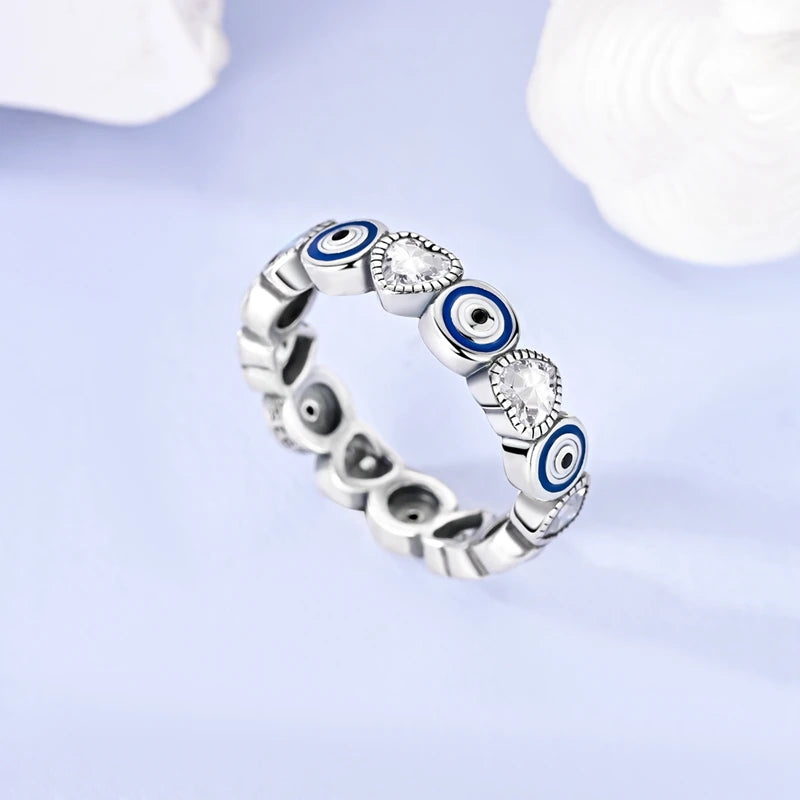 Original 925 Sterling Silver Sparkling Blue Eye and Heart Ring For Women Girls Jewelry Birthday Anniversary Gifts