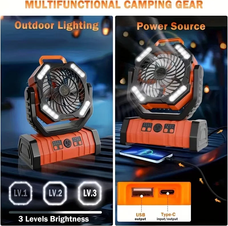 Remote-Controlled Timed Oscillating Tent Hanging Fan, 20000 Mah Rechargeable Fan with Led Light, Portable Camping Ceiling Fan, Suitable for Camping Enthusiasts
