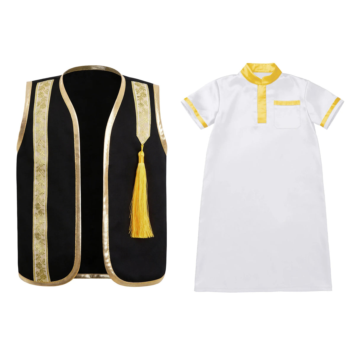 Muslim Baby Boys Robe Ramadan Eid Abaya Set Metallic Trim Arabic Islamic Kaftan Thobe Satin Gown with Open Front Tassel Vest