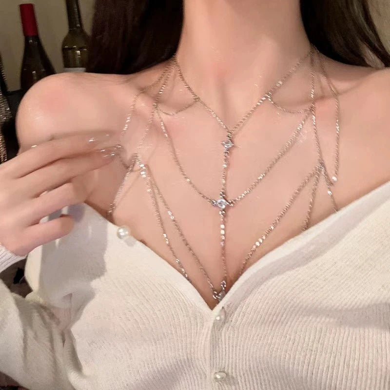 Sexy Rhinestone Round Beads Waist Chain Beach Bra Bikini Chest Chain Zircon Tassel Women Body Chain Jewelry Accessories