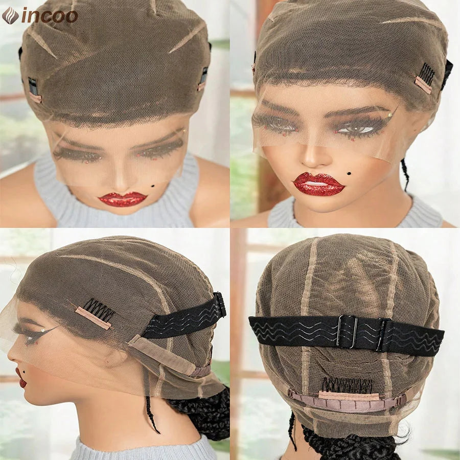 Synthetic Handmade Bantu Braided Wigs Full Lace Cornrow Braids Full Lace Wigs Bun Box Braids Wigs With Baby Hair For Women 12''