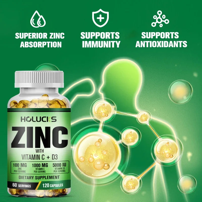 Zinc Complex Supplement, Vitamin C, Support Collagen, Antioxidant, Boost Immune, Improve Sleep & Energy, Premium Capsules