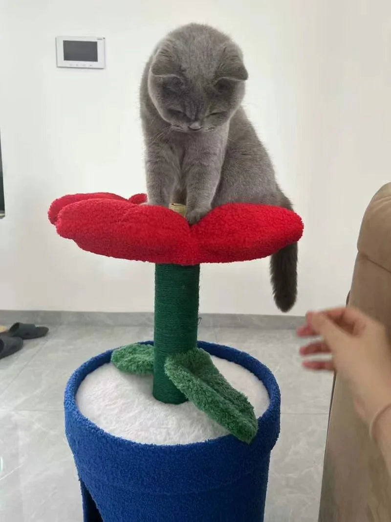 Red Flower Potted Cat Tree with Integrated Cat Bed Below Medium-Sized Cat Tree (Suitable for Cats Under 15 lbs)