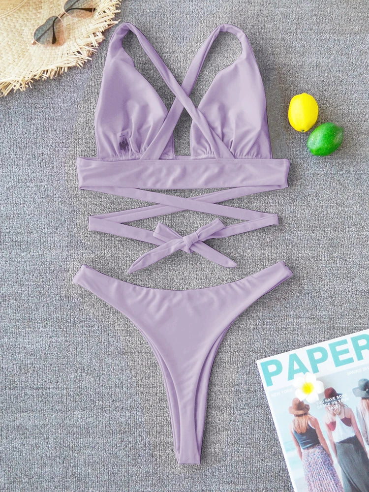 Sexy Bikini 2025 Solid Swimsuit Female Swimwear Women Push Up Bikini Set Cross Bandage Bathing Suit Beach Wear Swimming Suit