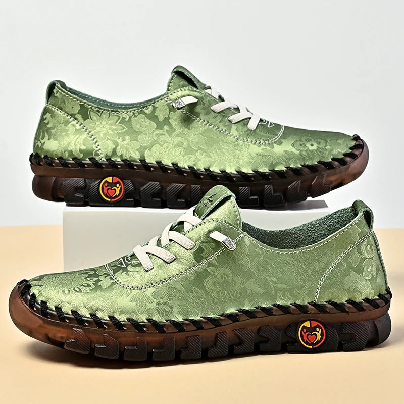 Print Fashion Sneakers Women Hand-stitching Leather Casual Shoes Design Platform Loafers Breathable Flats Shoe Driving Plus Size