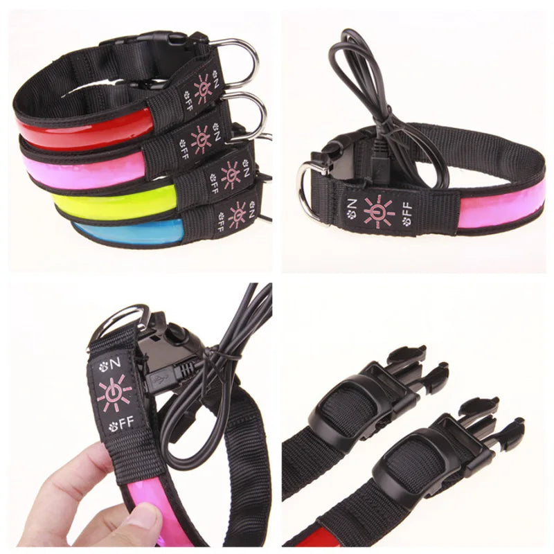 LED Dog Collar Adjustable USB Rechargeable 3 Modes Waterproof Nighttime Safety Reflective Leather Light-up Suitable For Pets