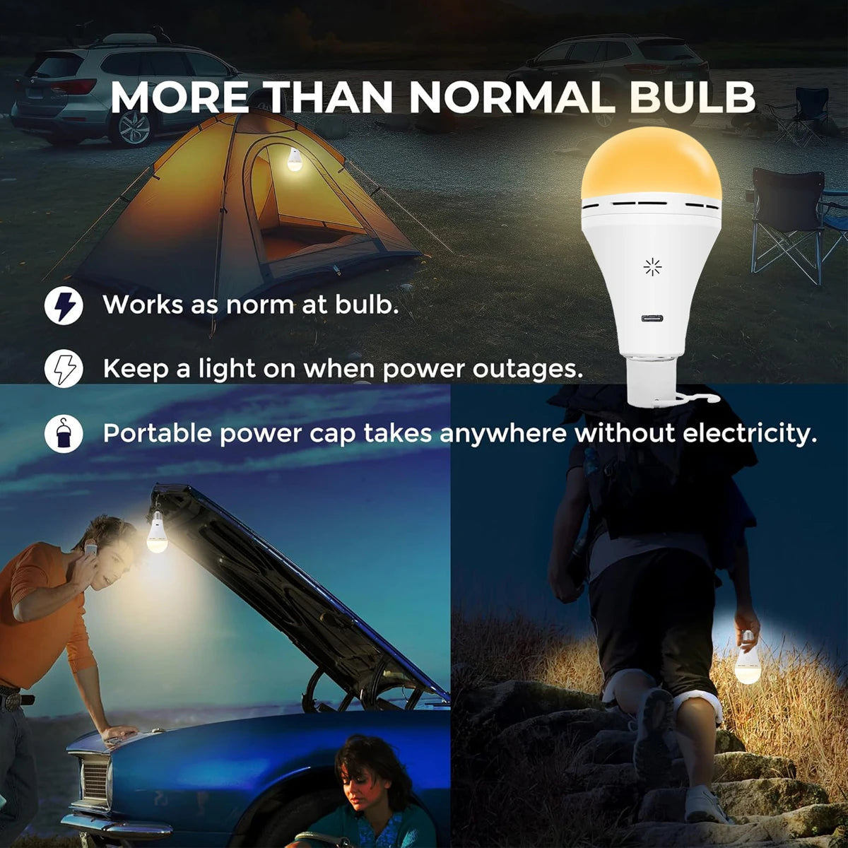 USB-C Rechargeable Light Bulb with Remote Control E27 Smart Battery BulbTouch Control Dimmable LED Bulbs with Timing