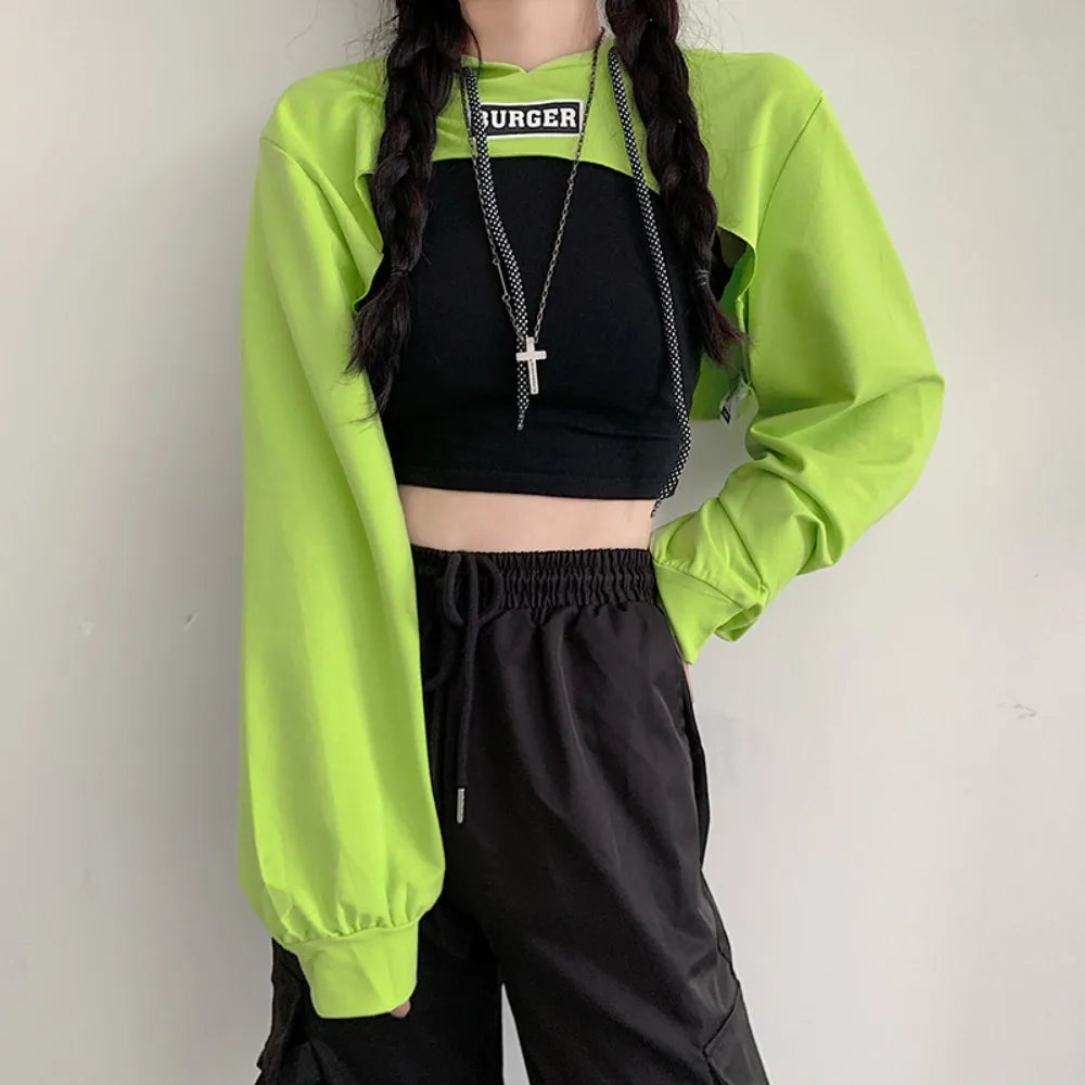 All Match Y2K Ultra Short Hoodie Loose Tees Shrug Pullover Streetwear Drawstring Women's T-shirt Summer