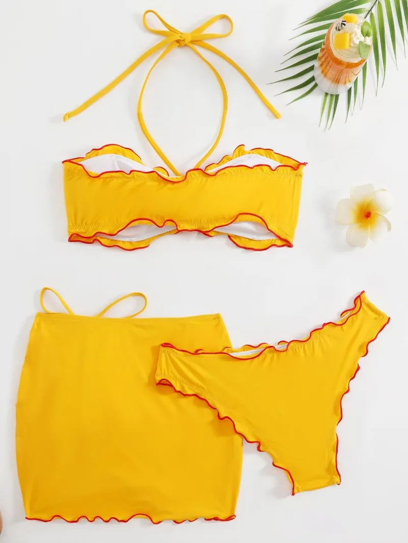 Neck Bikini with Skirt 3D Flowers Halter Bikini Female Swimsuit Women Swimwear 3 Piece Bikini Set Bather Bathing Suit Swim