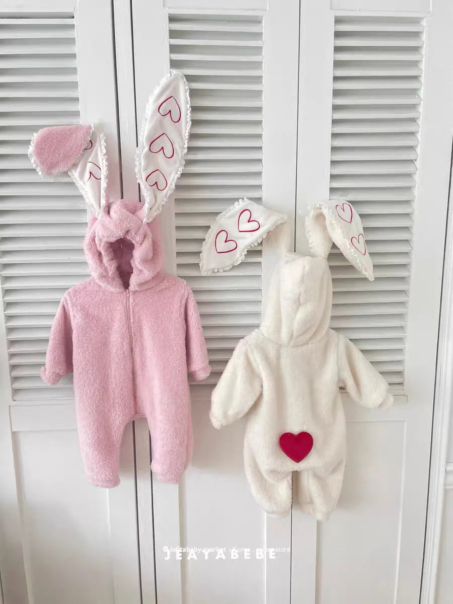 2025 Winter New Baby Long Sleeve Warm Romper Plus Velvet Thick Infant Girl Rabbit Ears Hooded Jumpsuit Toddler Clothes 0-24M