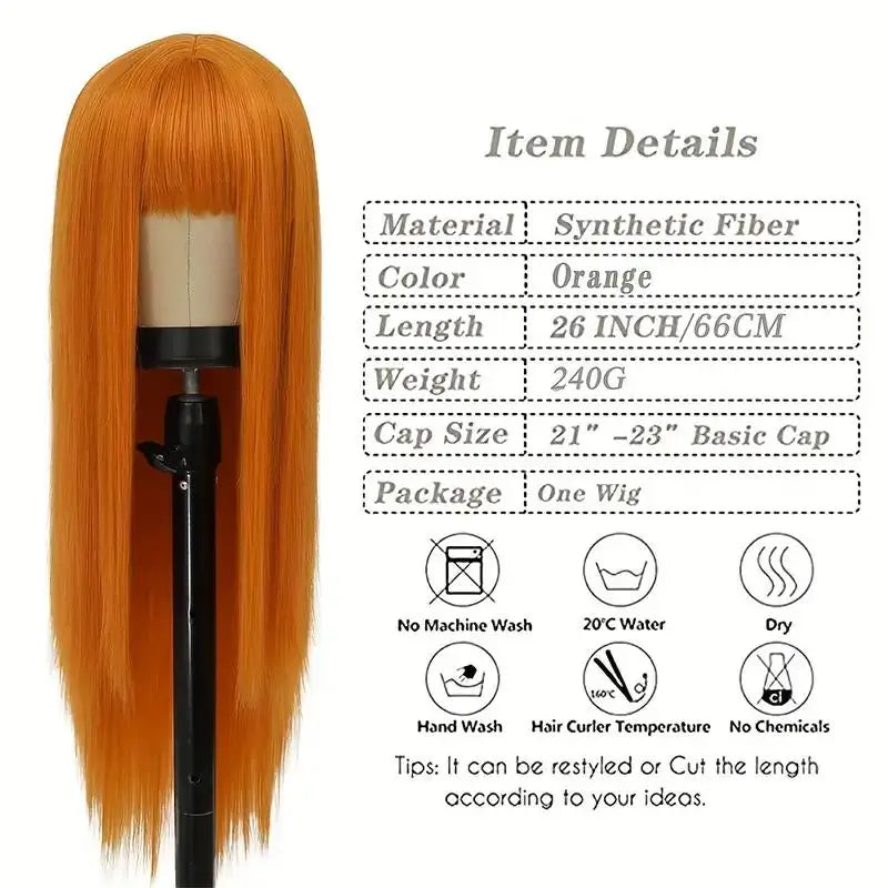 Long Straight Hair Orange Synthetic Wig for Halloween Party Cosplay Role-Playing Wig for Daily Party Hot Summer Hairpiece