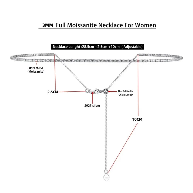 Women's Adjustable Rhodium Plated Fine Jewelry S925 Sterling Silver GRA 3mm D VVS1 Moissanite Tennis Necklace Choker