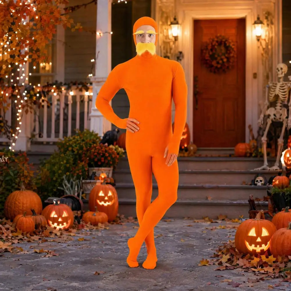 Halloween Dress Up Costume Unisex Full Body Orange Bodysuit for Men Women, Adult Cosplay Jumpsuit for Halloween Party