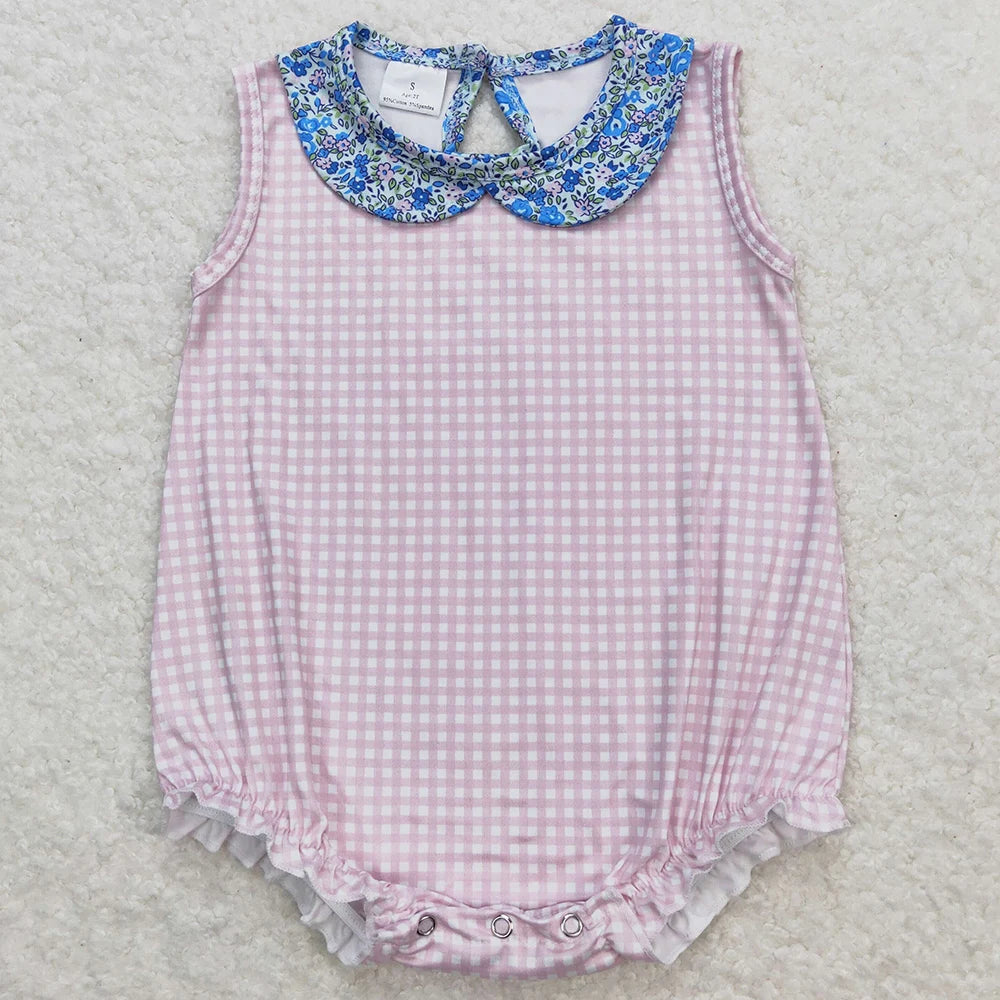 New Fashion Baby Girls Rompers Pink Checkered Flowers Short Sleeve Rompers Boutique Toddler Girls Bubbles Summer Baby Onesie Hot