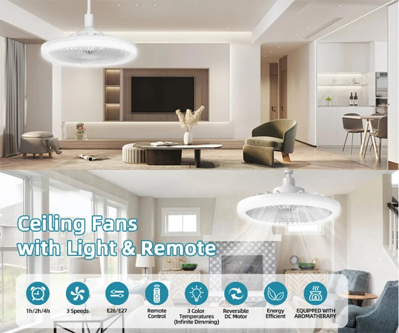 Rotatable 3in1 Ceiling Fan Light E27 LED Converter Base Smart Remote Control Bedroom Fans Lamp Study Kitchen Home Decoration