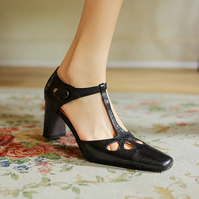 EAGSITY Cow leather square heel pointed toe sandals Women sandals shoes high heel pumps ankle strap shoes