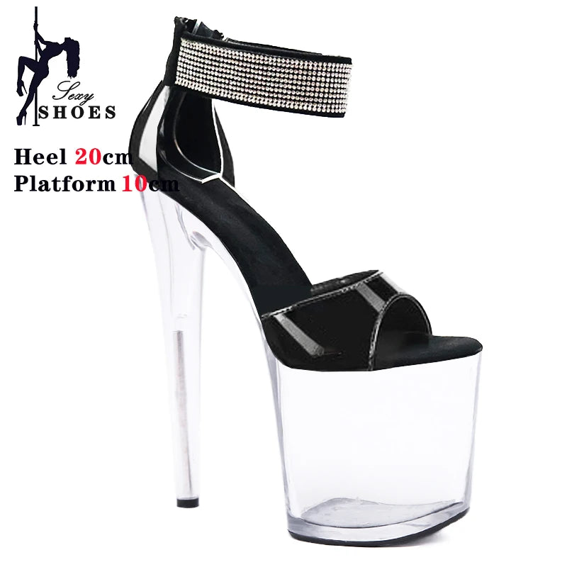New High-heeled 20cm/8inchs Sandals Women Summer Strap Thin Heel Black Sandals Stripper Pole Dance Dress Models Nightclub Shoes