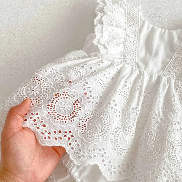 2025 New Summer Korean Style Climbing Suit Flying Sleeve Cotton Lace Splicing Toddler Baby Girls Jumpsuit 0-24M Baby Clothing