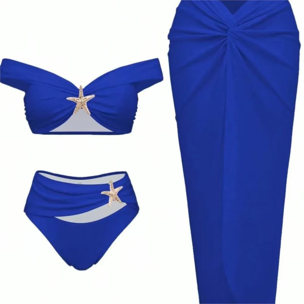 New Women's Clothing Starfish Bikinis Sets Solid Color Swimsuit Long Skirt Three Piece Simple Style Temperament Simple Style