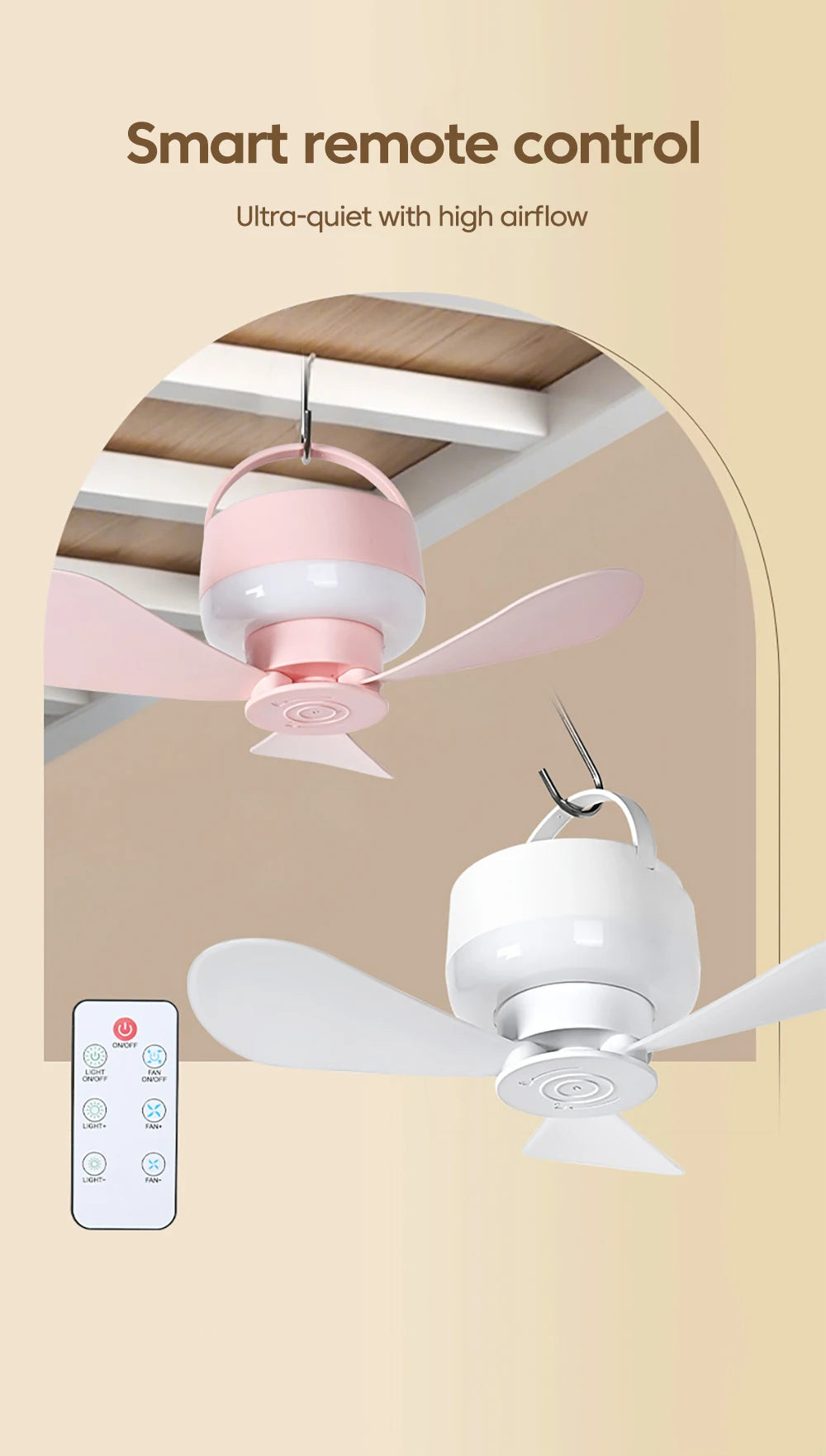 1.5/3M Ceiling Fan With LED Light and Remote Control USB Charging Household Outdoor Camping Tent Student Dormitory Bed Small Fan