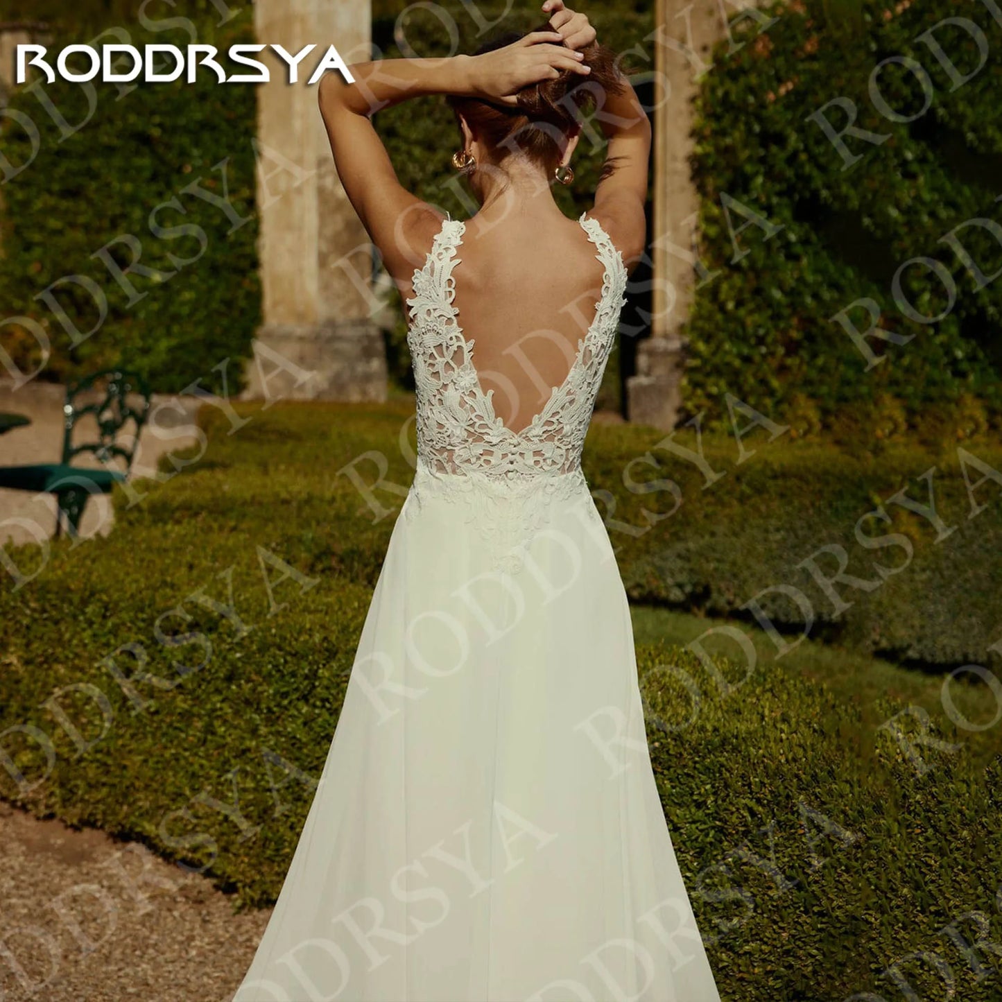 RODDRSYA Boho V Neck Wedding Dresses Chiffon Bohemian Open Back Lace Appliques A Line Bridal Dress Customized hochzeitskleid