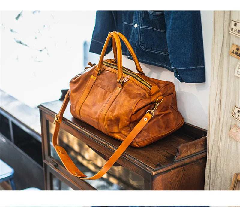 Vintage fashion luxury genuine leather men's travel bag outdoor weekend large capacity crossbody bag real cowhide women handbag