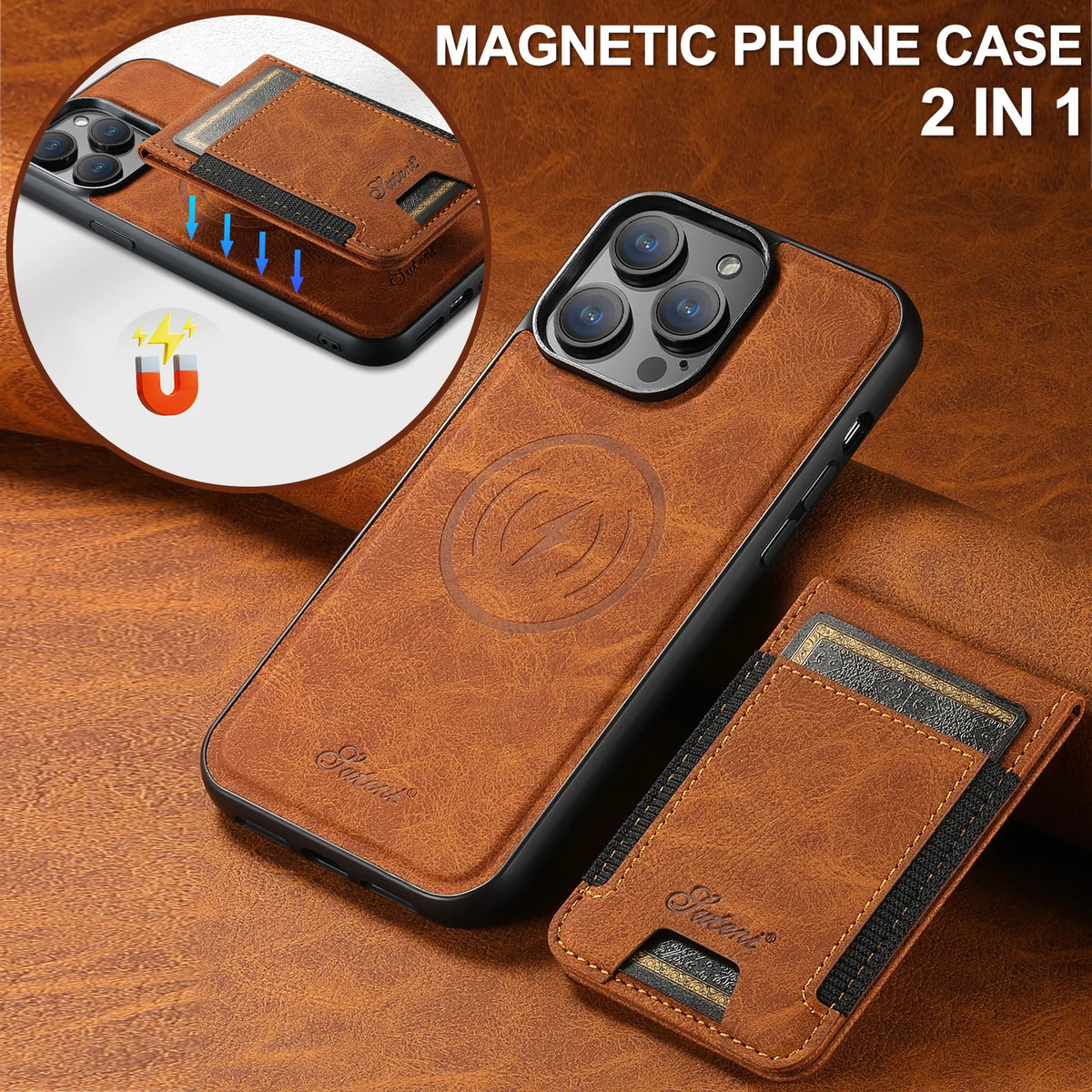 SUTENI Luxury Magsafe Leather Card Holder Phone Case Wallet Kickstand Cover For iPhone 17 16 15 14 13 12 11 Pro Plus Max