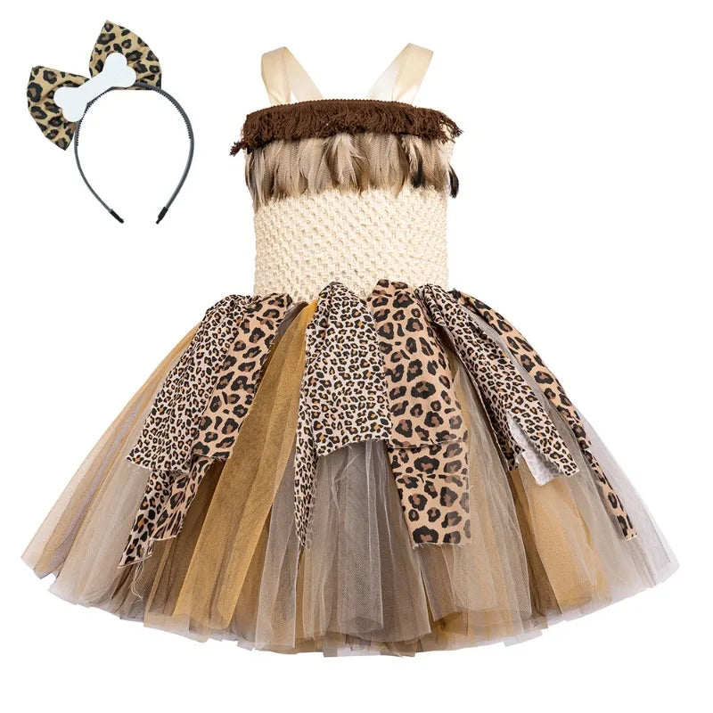 Kids Caveman Primitive Style Tutu Dress Aboriginal Indian Savage Theme Outfit Halloween Carnival Stage Performance Party Clothes