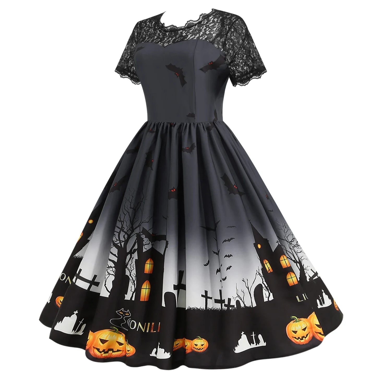 Halloween Gothic Dress Costume - Women's Retro Lace round Neck Short-Sleeved Printed Maxi Dress for Cosplay Party