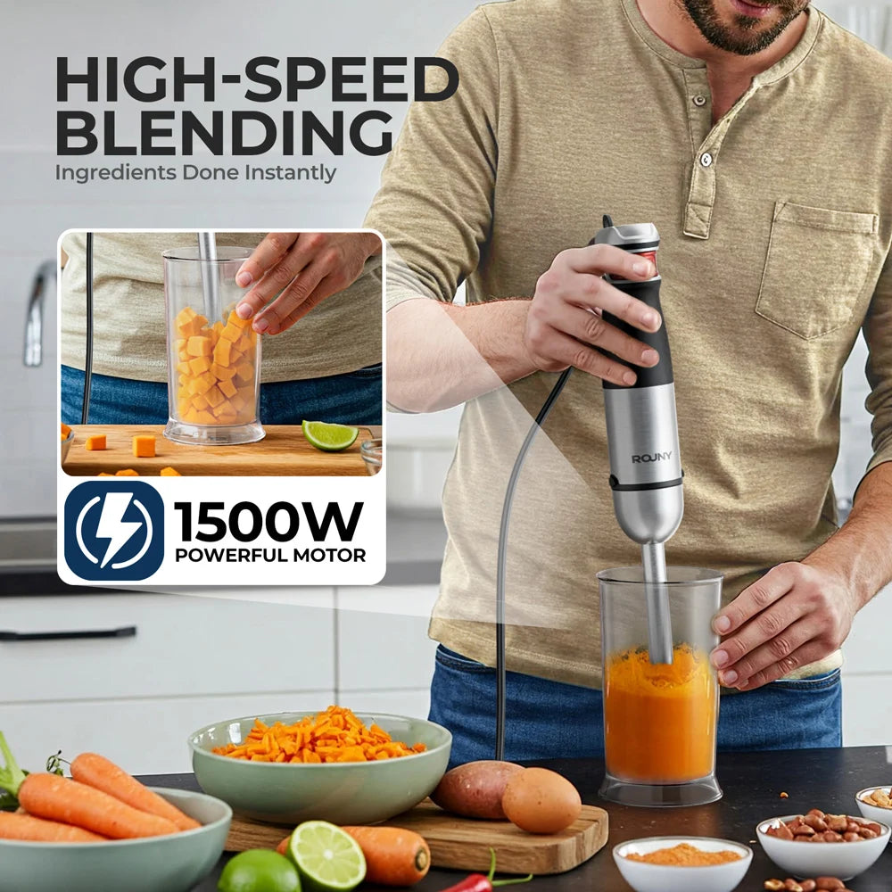 ROUNY 6-in-1 Multi-Purpose Immersion Hand Blender, Max 1500W Stick Blender with Stainless Steel Blades for Home and Kitchen