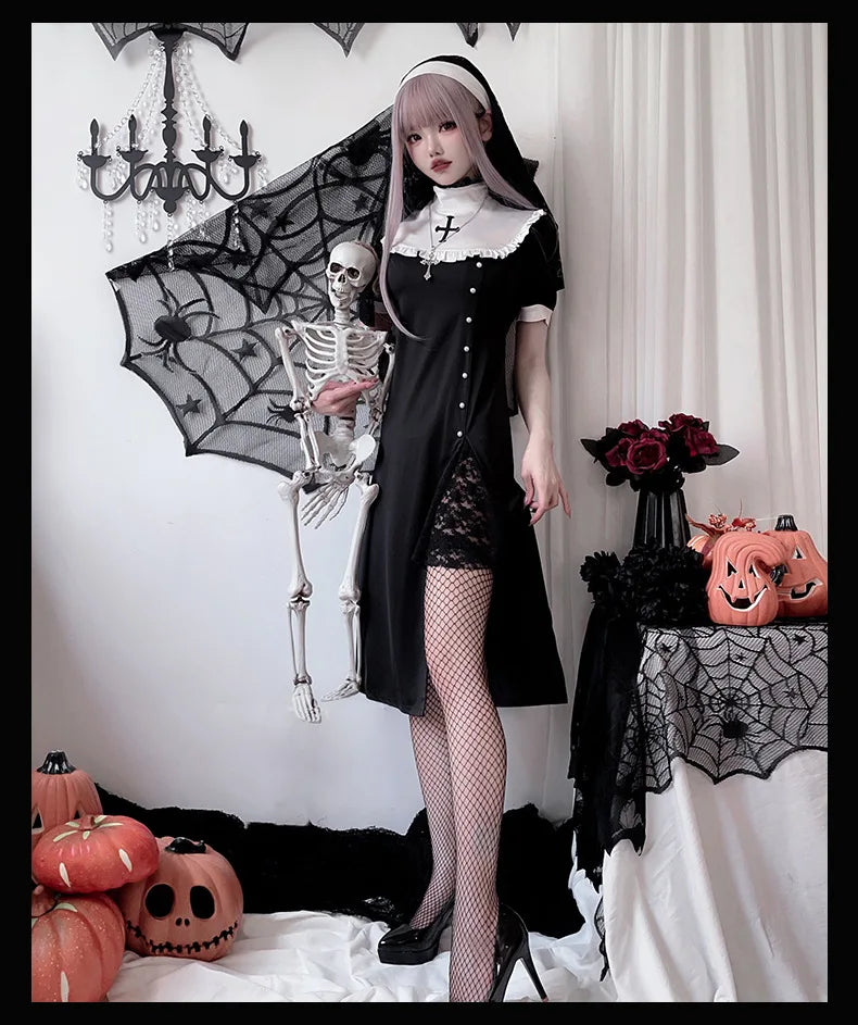 [You're My Secret] 2026 Halloween Cosplay Costumes Women's Vampire Costume Gothic Nun's Clothing Sexy Lace Slim Fit Black Dress