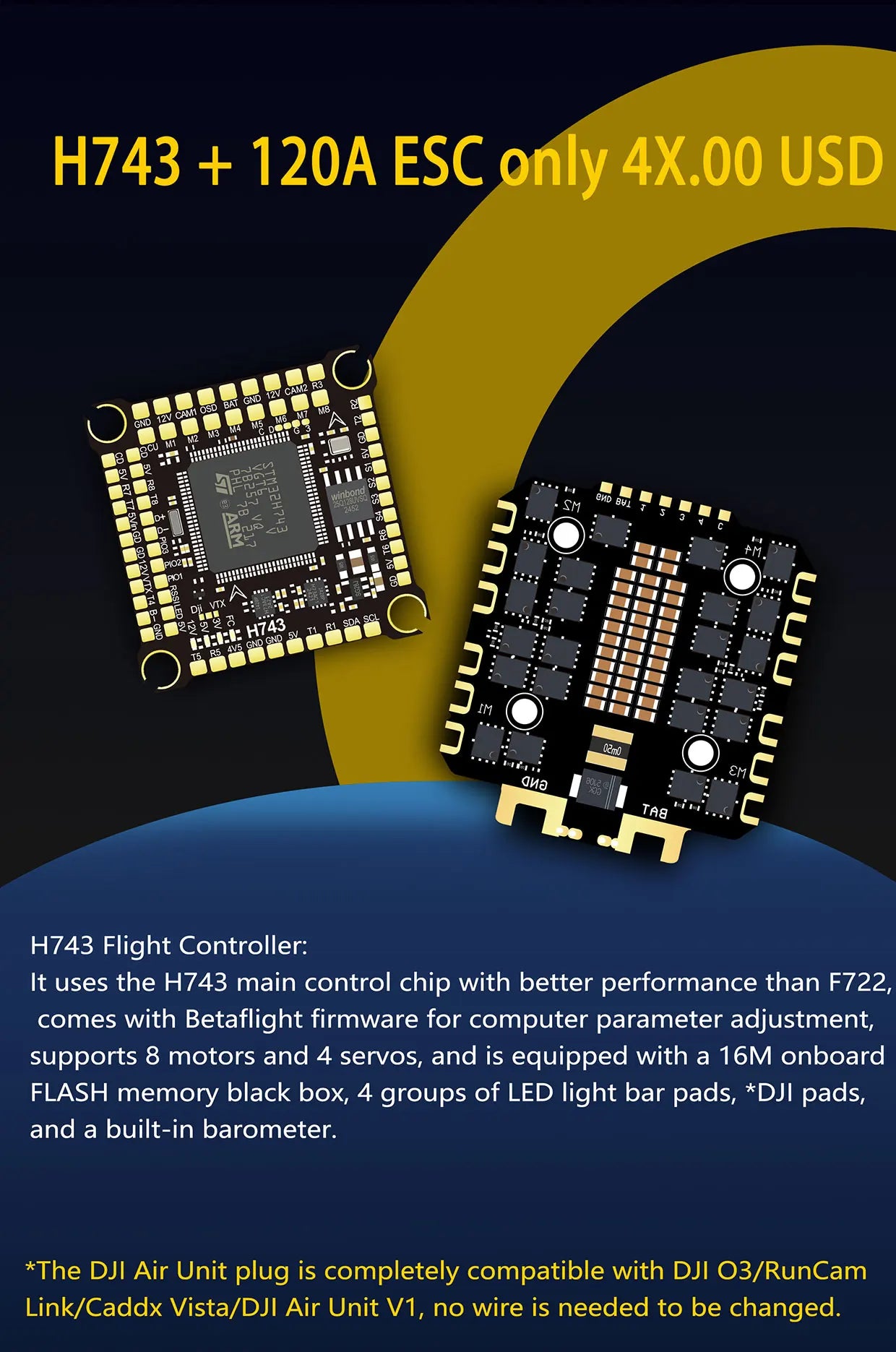 DAKEFPV H743 100A/120A stacked ICM42688P H743 flight control module BLHELI_S 120A 4-in-1 ESC 30.5X30.5 millimeters.