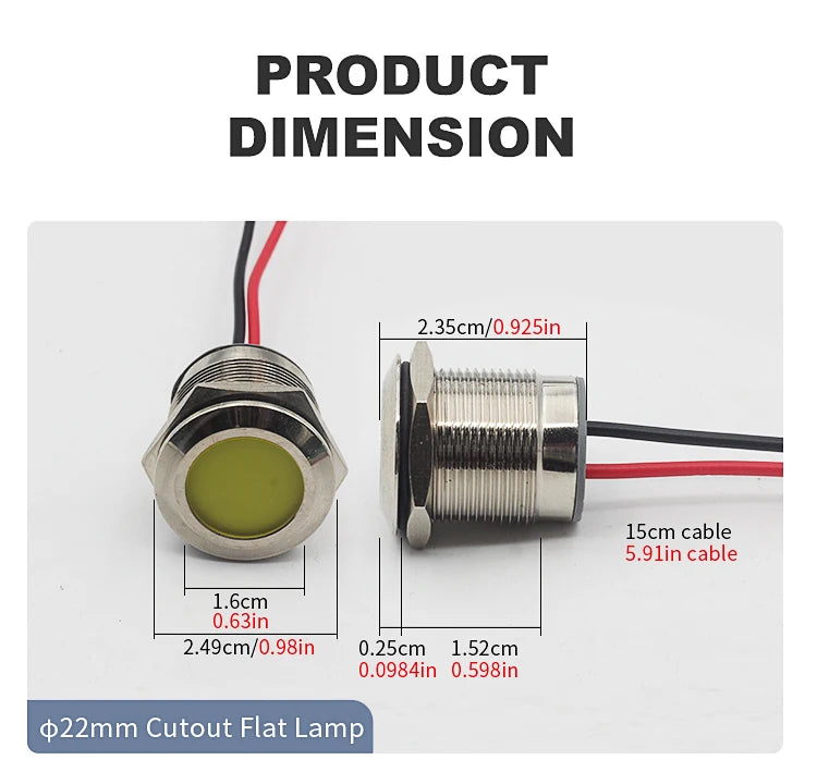 5pcs 16/19/22mm Waterproof IP67 Metal LED Indicator Light DC/AC 3-48V Signal Lamp Red Yellow Green Blue White for Car Dashboard