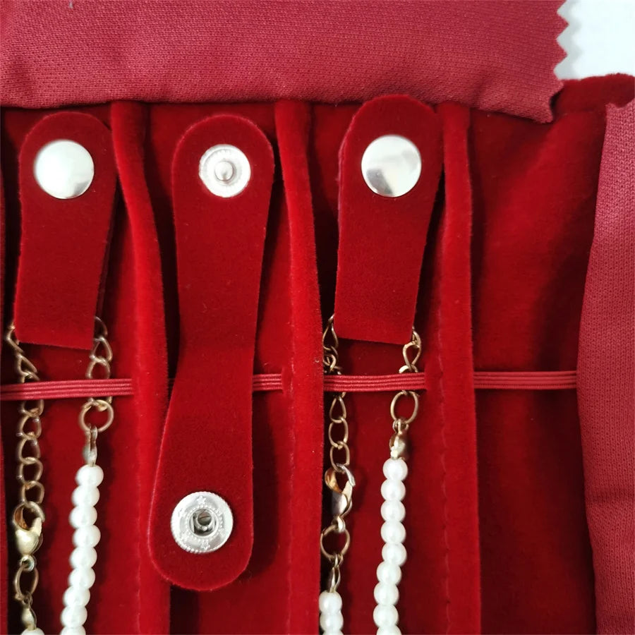 Burgundy Velvet Jewelry Roll Bag Portable Foldable for Necklace Earrings Ring Travel Exhibitions Organizer Storage Bag