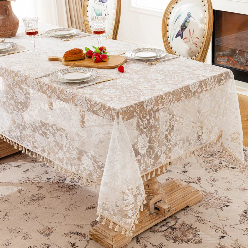 French Rose Lace Tablecloth, Rectangular Dining Tablecloth, Home Coffee Table Wedding Decoration Cover,