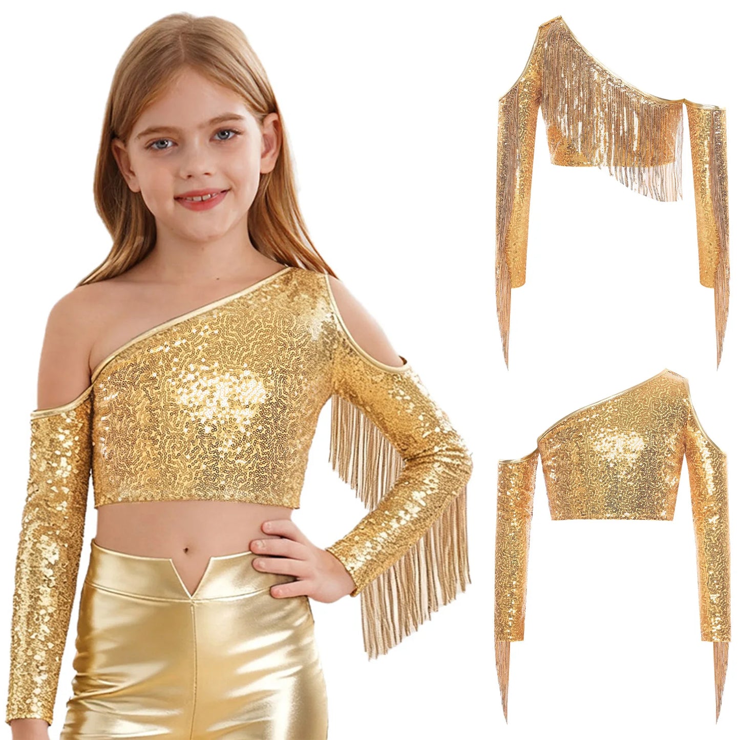 Children's One Shoulder Tassels Tops Streetwear Kids Girls Sequins Crop Top T-shirts Fashion Shiny Stage Performance Costume