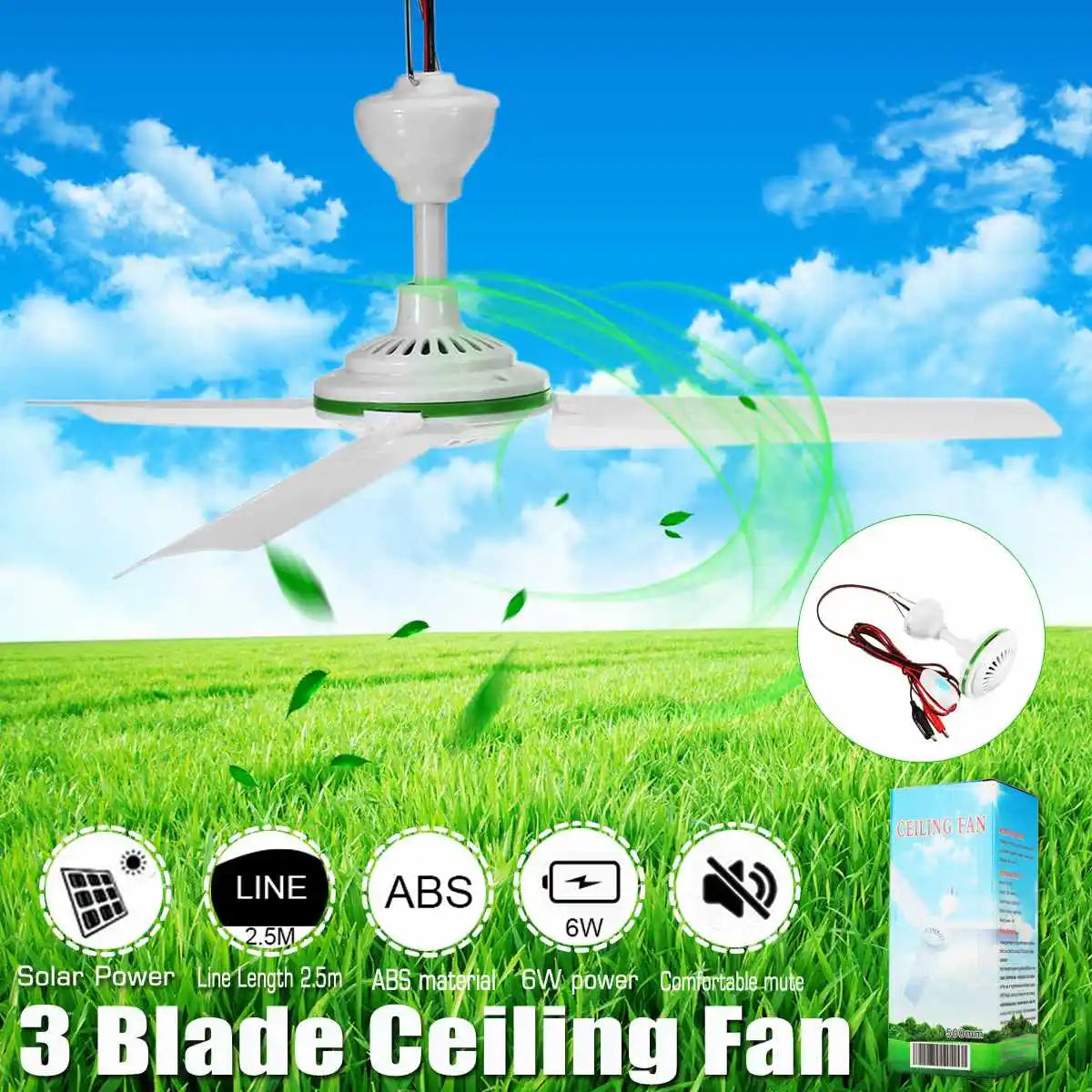 12V 6W Solar Ceiling Fan Environmental-friendly Solar Powered Cooling Fans Small Air Conditioning Appliances Portable Ac