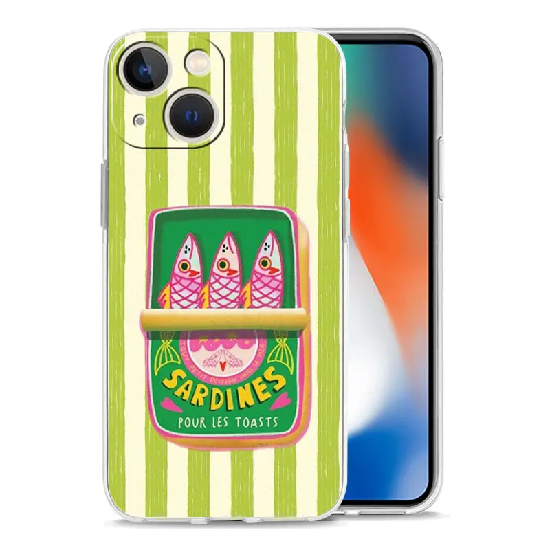 Soft TPU Transparent Phone Case Cover for iPhone 17 16 15 14 13 12 11 Pro Max 17 Air 7 8 Plus Fundas Funny Fish Sardines Laser