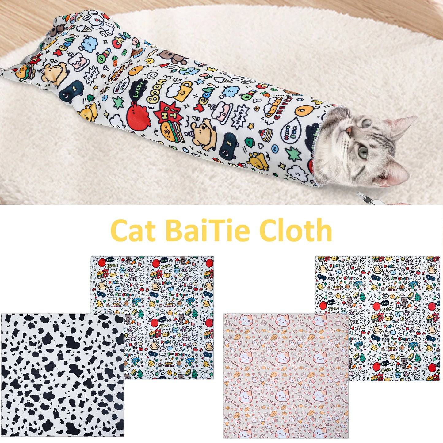 2Pcs Cat Restraint Wrap Nylon Self-Adherent Cat Grooming Wrap With Cartoon Print Anti Escape Anti Scratch Cat Nail Cutting Wrap